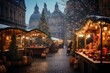 Gemütlicher deutscher Weihnachtsmarkt auf einem festlich dekorierten Marktplatz