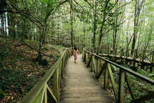 Unrecognizable Traveler Walking On Footbridge In Forest