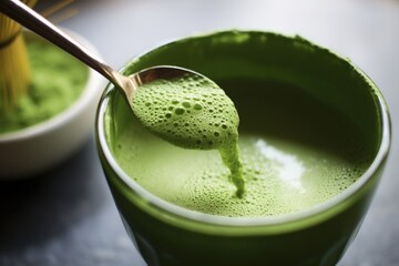 Wall Mural - close-up of a spoon stirring a healthy green smoothie