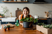 Cheerful Young Woman Holding Pot With Green Plant During Home Gardening