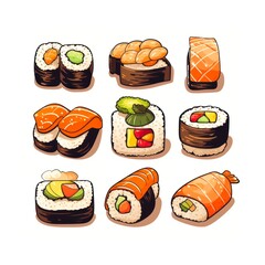 Wall Mural - Cartoon illustration of set of sushi isolated on white background.