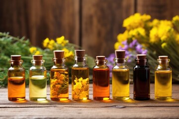 Canvas Print - essential oil bottles on rustic wooden table