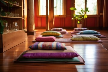 Canvas Print - cushions placed on wooden floor for meditation