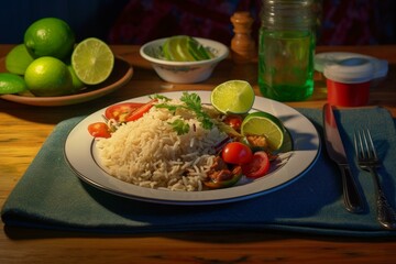 A plate of food with rice and veggies, topped with a lime slice and served alongside a bowl of food with a napkin. Generative AI