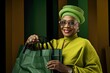 Elderly woman posing with a green bag. Fictional characters created by Generated AI.