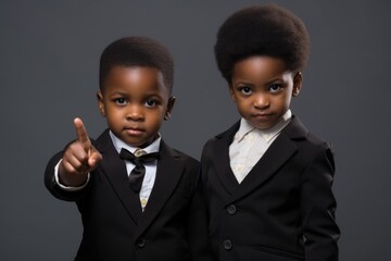 Two young Black boys dressed in suits, posing together and pointing at something.. Fictional characters created by Generated AI.