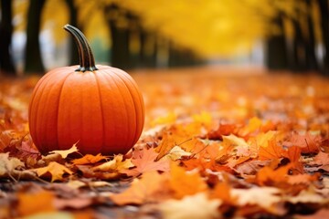 a pumpkin surrounded by autumn leaves