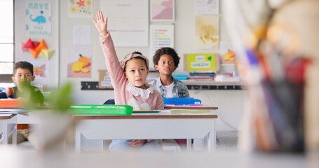 Education, question and students with girl in classroom for learning, discussion and knowledge. Help, studying and future with children and hands raised at school for why, scholarship and answer