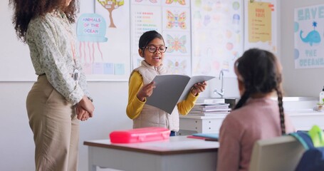 Poster - School book, child and reading in class for learning, development and communication. A smart girl kid or student and woman teacher for language story, support and confidence in elementary classroom