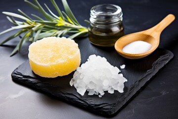 Canvas Print - sea salt scrub and natural sponge presented on a slate tile