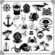 Big set of design elements for nautical emblems, seafood restaurant. Vector illustration.