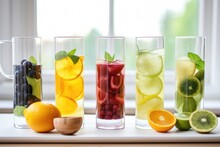 different kinds of fruity detox water in glass pitchers