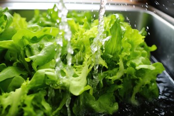 Canvas Print - fresh salad greens washed under running tap water