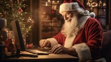 Santa Claus Surprised By Technology: Christmas Computer On Desk Amid Holiday Decorations