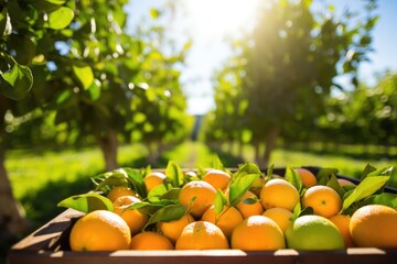 Wall Mural - pallet of freshly harvested oranges in an orchard