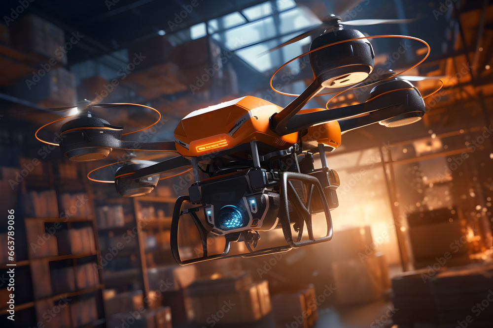 drone soars above a bustling warehouse, filled with neatly stacked ...