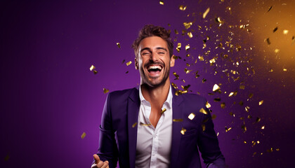 happy smiling portrait of a handsome man on purple background, celebration with golden confetti