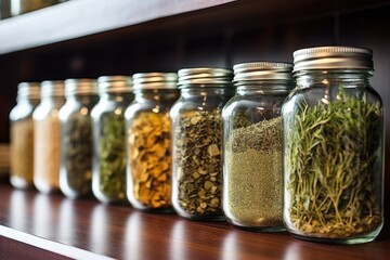 Sticker - dried herbs in glass jars on a kitchen shelf