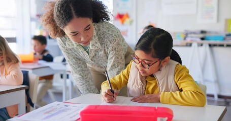 Wall Mural - teacher, girl and reading with question, book and classroom for education, question and mentorship f