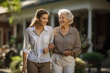 Young female nurse outside with a senior patient in a wheelchair