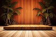 Podium on wooden floor and leafy background. Vintage wood paneling. Rustic interior design. Stage of nature with green leaves
