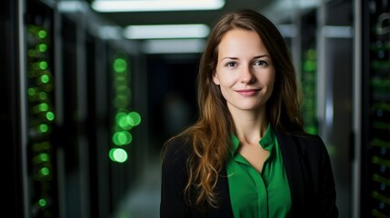 smiling professional young female IT network administrator standing in server room