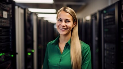 smiling professional young female IT network administrator standing in server room