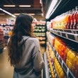 A woman comparing products in a grocery store. woman in supermarket choosing healthy juice. female buyer looking picking organic bottle. wide assortment of goods in grocery store. concept consumer