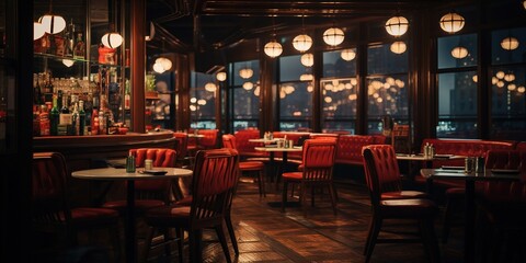 A restaurant with tables and chairs and lights on the windows.