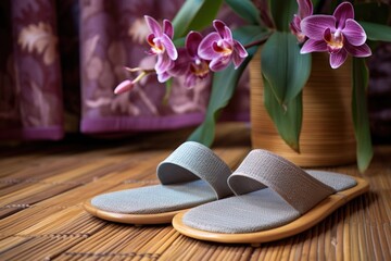 Sticker - slippers on a bamboo mat with a blooming orchid on the side