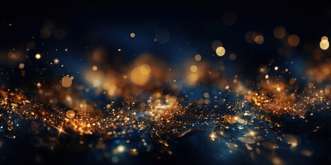 Wall Mural - Abstract background with Dark blue and gold particle. Christmas Golden light shine particles bokeh on navy blue background. Gold foil texture. Holiday concept.