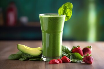 Wall Mural - green and red smoothie in a tall glass on a table