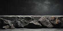 Black White Rock Stone Mountain Grunge Background. Design. Wall Table Shelf Floor. Product. Stage Stand Mockup.