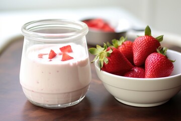 Canvas Print - a strawberry yogurt drink in a glass next to a yogurt maker