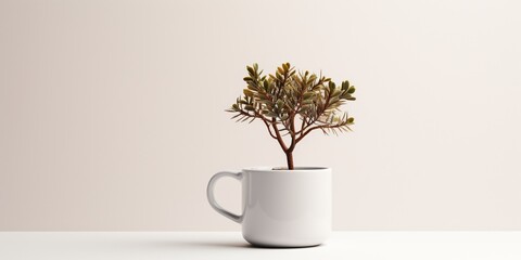 Wall Mural - Closeup mockup of small artificial tree in white ceramic mug. alone on white.