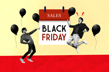 Image sketch collage black friday day soon two funny guys celebrating sales holiday calendar shopping today isolated on yellow background