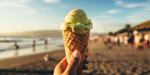 Delicious avocado ice cream cone. Female hand holding natural avocado ice cream in wafer cone on blurred beach background. Healthy dessert. Summer vacations and holidays. FoodTok trend.