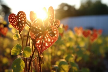 Wall Mural - heart-shaped plants with bursts of sunlight behind