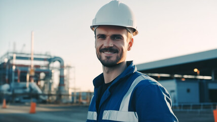 Portait of smiling engineer in helmet on a background of Hydrogen factory.
