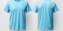 Plain Light Blue T - Shirt Mockup Template, With View, Front And Back, Isolated On Transparent Background