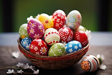 Canvas Print - a colourful easter egg basket with decorated eggs