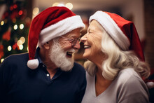AI Generative Images Of Happy Senior Couple Wearing Santa Hat While Celebrating Christmas Together At Home