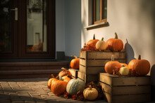 AI Generative Images Of Stack Of Pumpkins Next To The Door Of Suburb House In Autumn Concept
