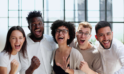 Smiling professional business leaders and employees group team portrait