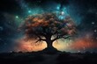 Meditative tree contemplates expansive universe with galaxies and nebulae. Generative AI