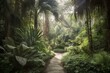 A charming old-fashioned botanical garden featuring a continuous border of trees, palms, and shrub florals, resembling a forest mural. Generative AI