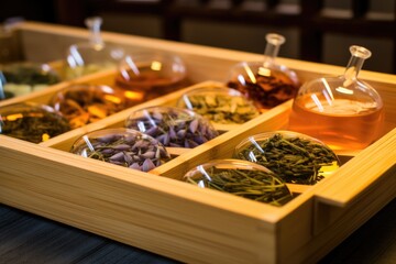 Wall Mural - a picture of flavored herbal teas on a bamboo tray beside a spa tub