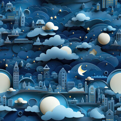 Wall Mural - Paper cut origami city skyline repeat pattern