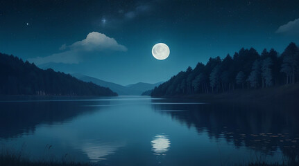  A Beautiful night by the lake with moon and stars on sky - Generative AI
