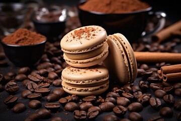 Wall Mural - coffee flavored macarons on a bed of coffee beans